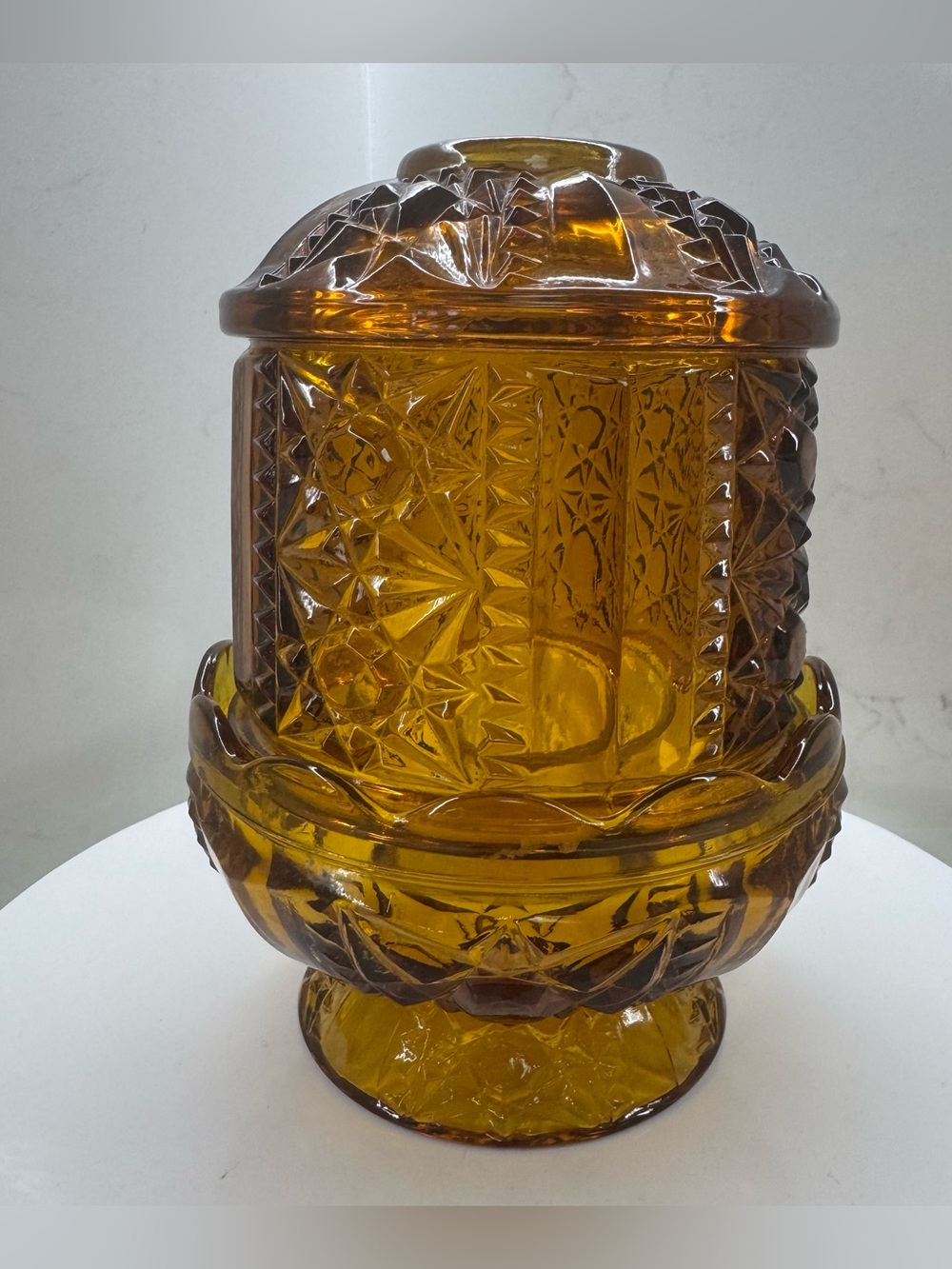 Vintage Indiana Glass Amber Stars & Bars Fairy Lamp Candle Holder 2 Pc